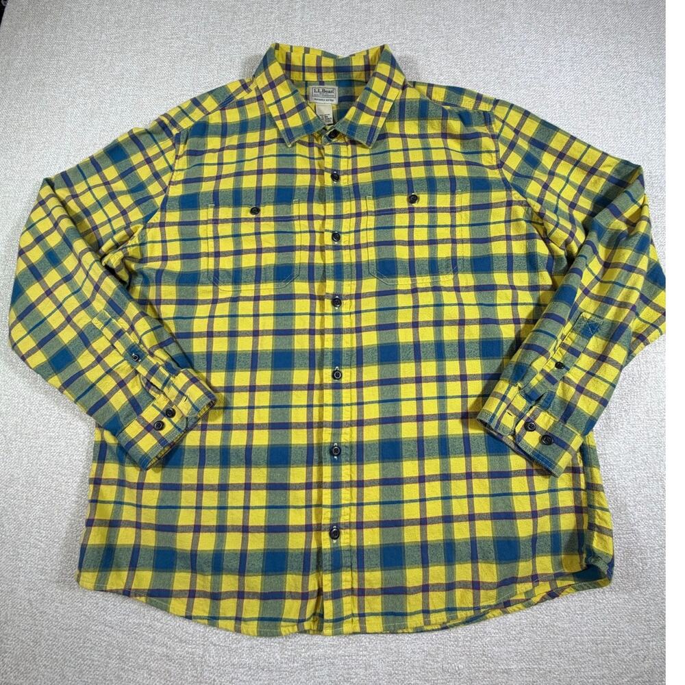 LL Bean Men XL Yellow Blue Plaid Flannel Long Sleeve Button Front Outdoor Shirt